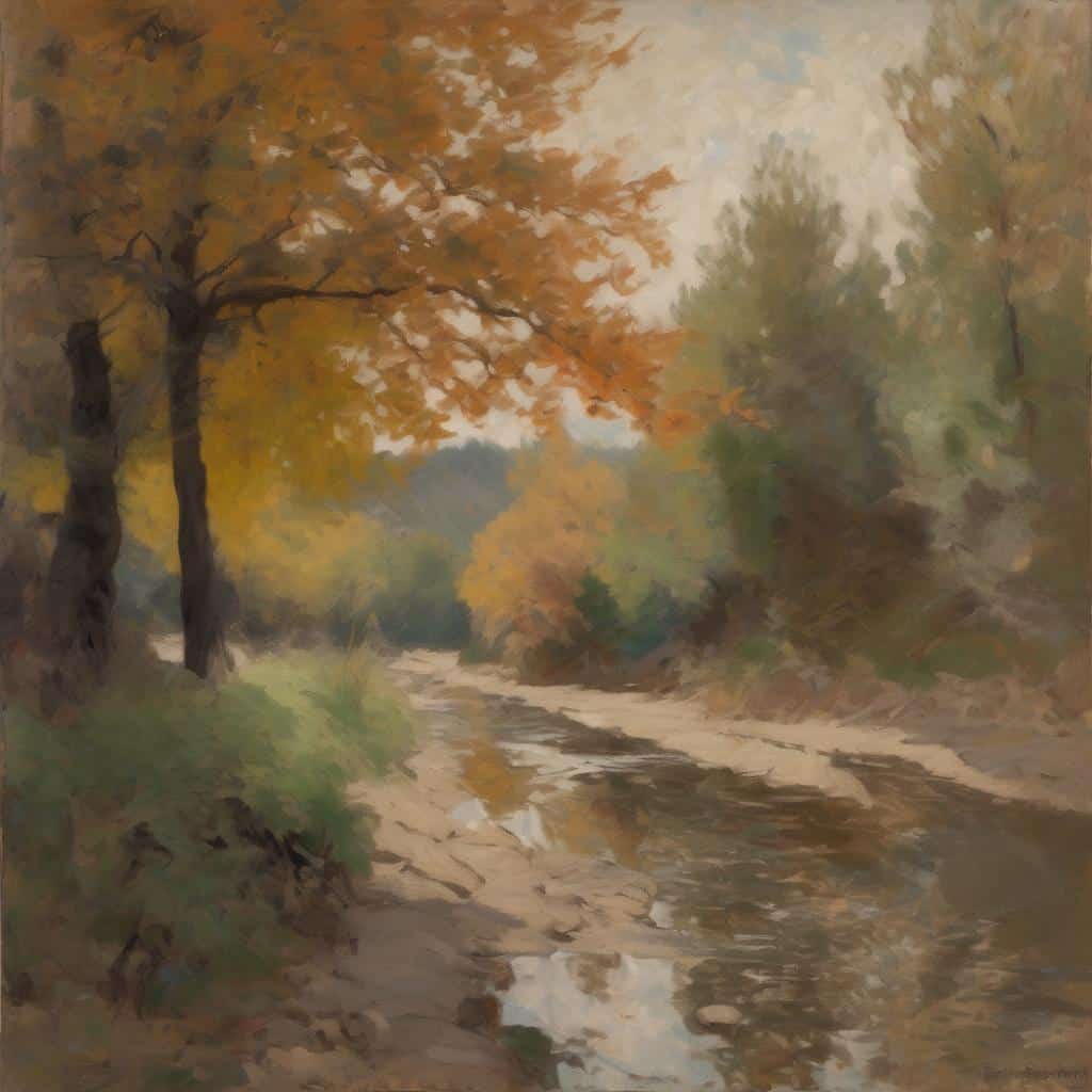 Απόκριες φθινοπωρινής φύσης στοπίο με ποτάμι και πολύχρωμα δέντρα, μεταφέρει ατμόσφαιρα ζεστής εποχής και καλλιτεχνικά ταξίδια στον χρόνο και τον χώρο.