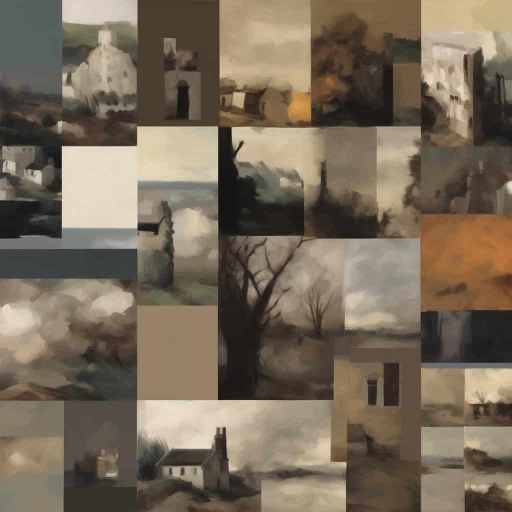 Μονοχρωματικά τοπία και αγροτικές σκηνές σε ρομαντικό και ιστορικό ύφος, της σειράς "Καλλιτεχνικά Ταξίδια στον Χρόνο και τον Χώρο".