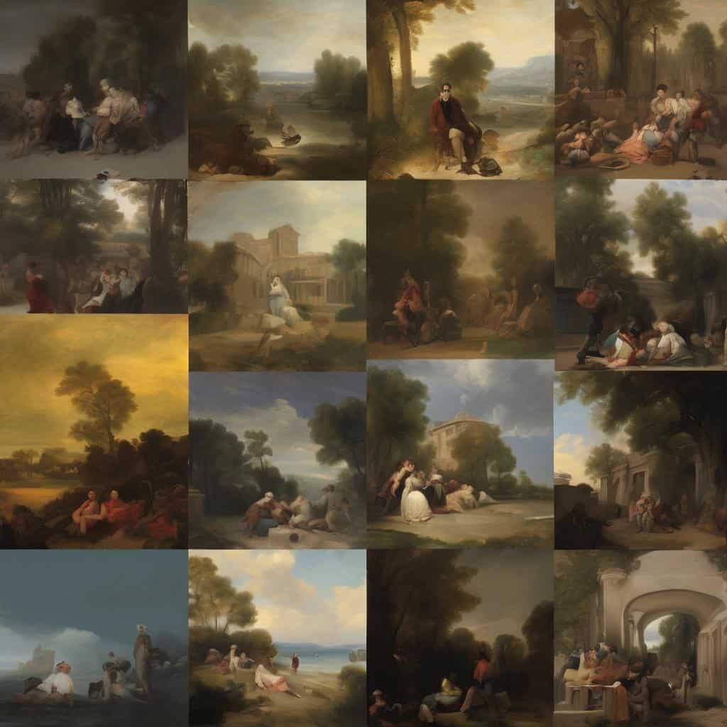 Άνθρωποι σε τοπία και σκηνές από καλλιτεχνικά ταξίδια στον χρόνο και τον χώρο, με διάφορα περιβάλλοντα, εποχές και δραστηριότητες, εμπνευσμένα από κλασική ζωγραφική.