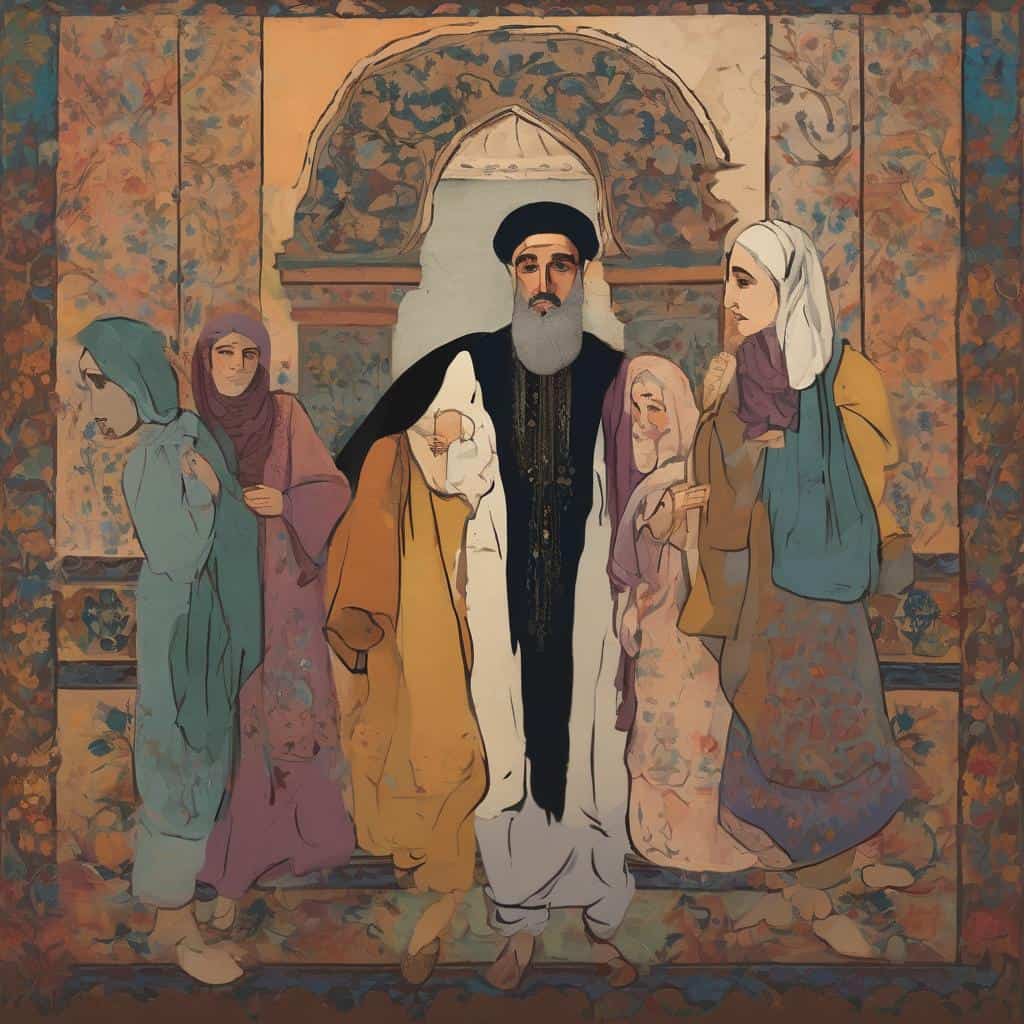 Ιστορικό έργο τέχνης που απεικονίζει παραδοσιακές σκηνές, καλλιτεχνικά ταξίδια στον χρόνο και τον χώρο, με έμφαση στην πολιτιστική κληρονομιά και την παραδοσιακή ατμόσφαιρα.